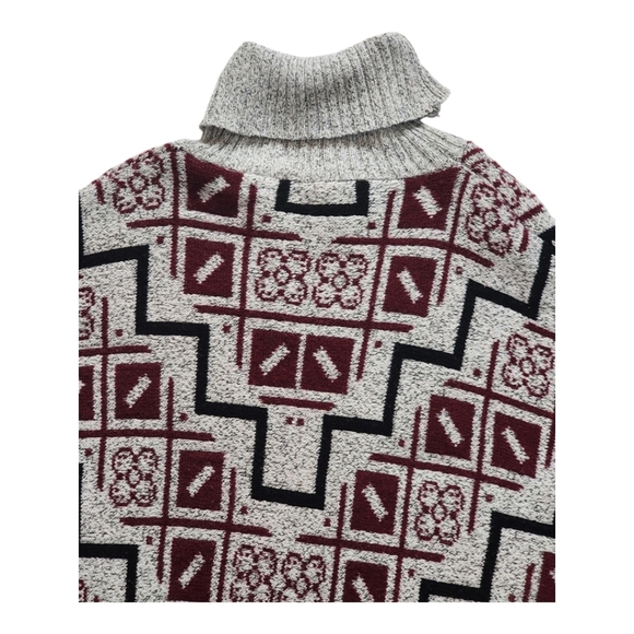 Geometric Fringe Poncho Sweater with Turtleneck Burgundy Gray Boho Style - Picture 6 of 6